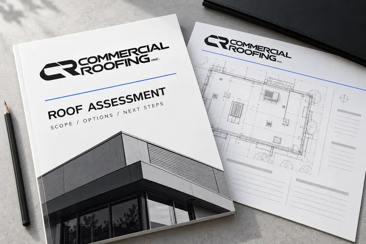 Illustrative mockup of a roof assessment document and roof plan