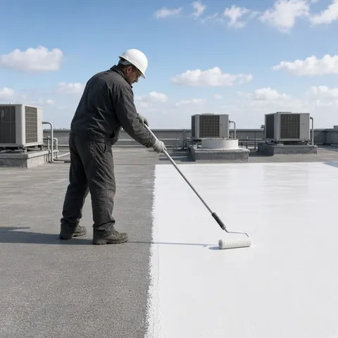 Illustrative: a worker roller-applying white coating over an older grey roof