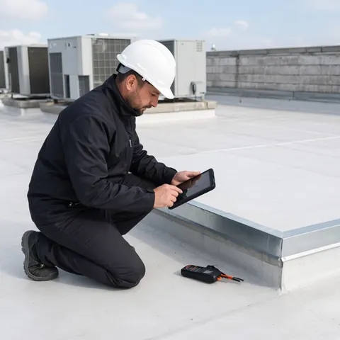 Illustrative: an inspector documenting a curb flashing detail on a tablet