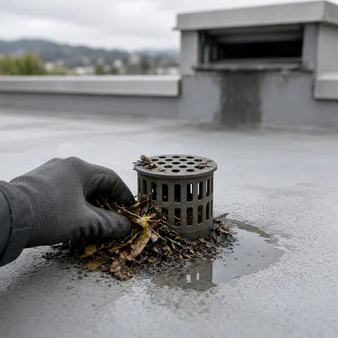 Illustrative: a roofer clearing debris from a roof drain on a flat commercial roof