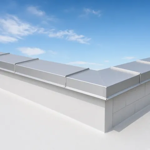 Illustrative: metal coping caps on a parapet above a white membrane roof